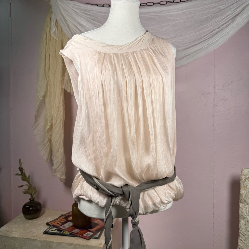 Vintage 100% silk champagne blouse draped sleeveless oversized minimalist luxe